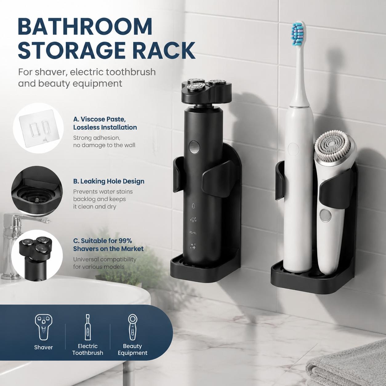 Home Essentials Bathroom Accessories - Support mural auto-adhésif étanche pour brosses