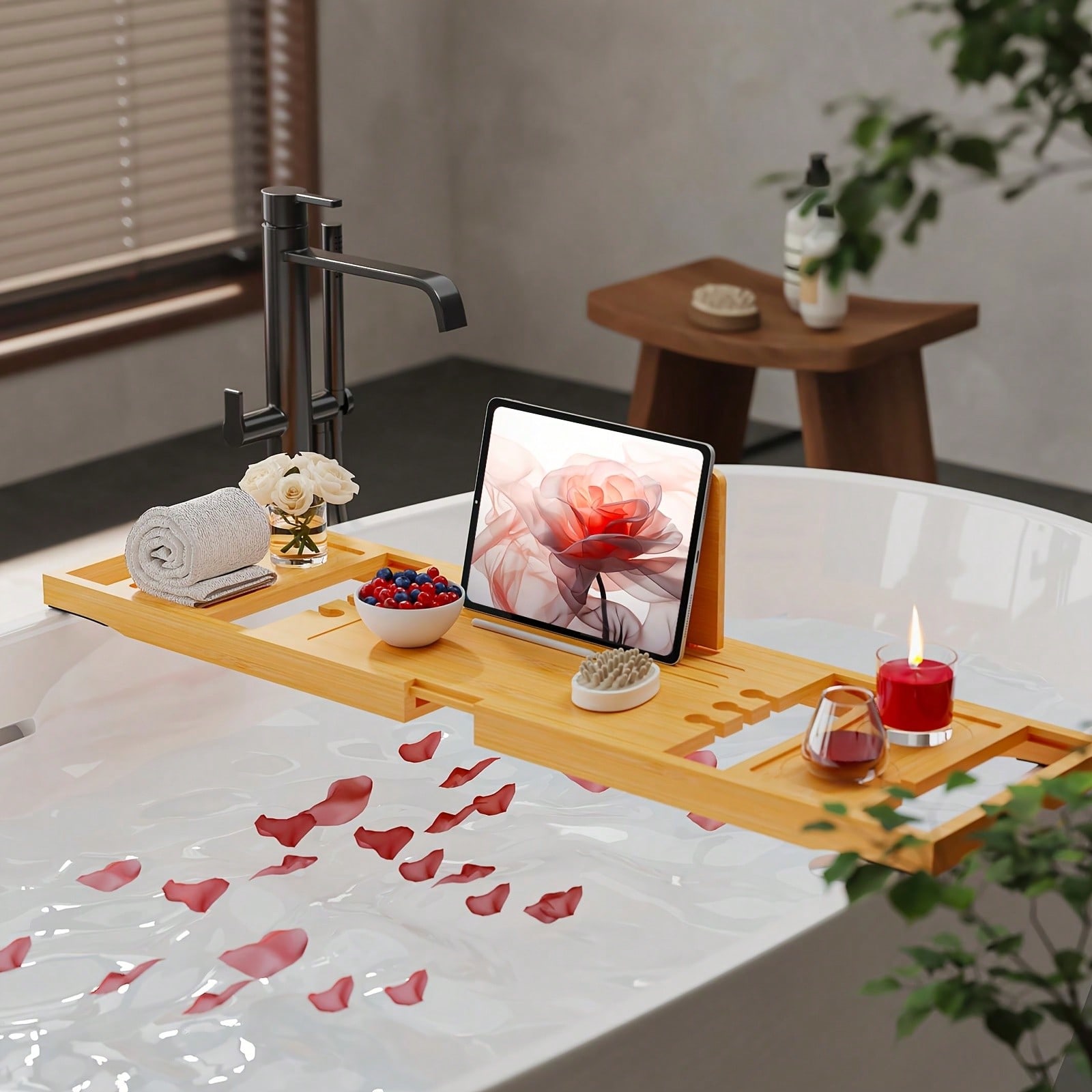 Bath Caddy Tray - Plateau de bain en bambou, organisateur